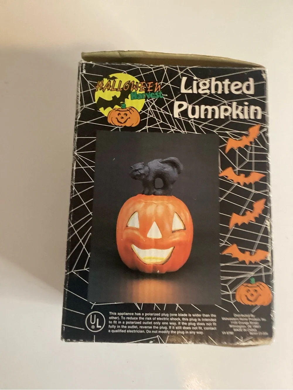 Vintage Black Cat Ceramic Halloween Light-Up Pumpkin Jack-O'-Lantern W/ Box
